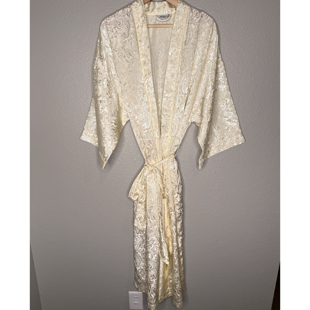 Lord & Taylor Robe Womens Ivory Satin Jacquard Floral Belted Bridal XL READ SIZE